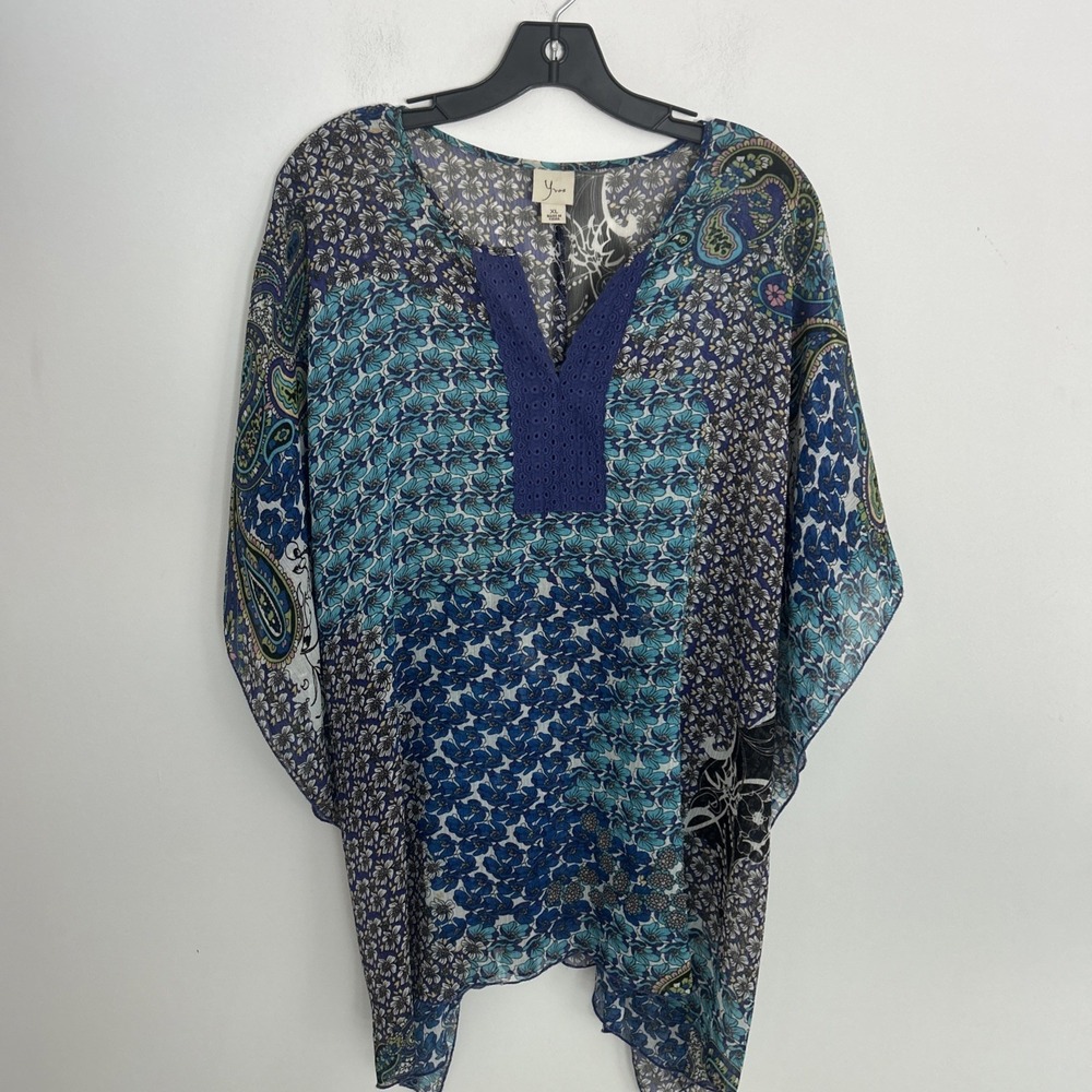 Women's XL Swim Cover-Up Floral Blue Purple Embroidered Neckline Beach Cruise